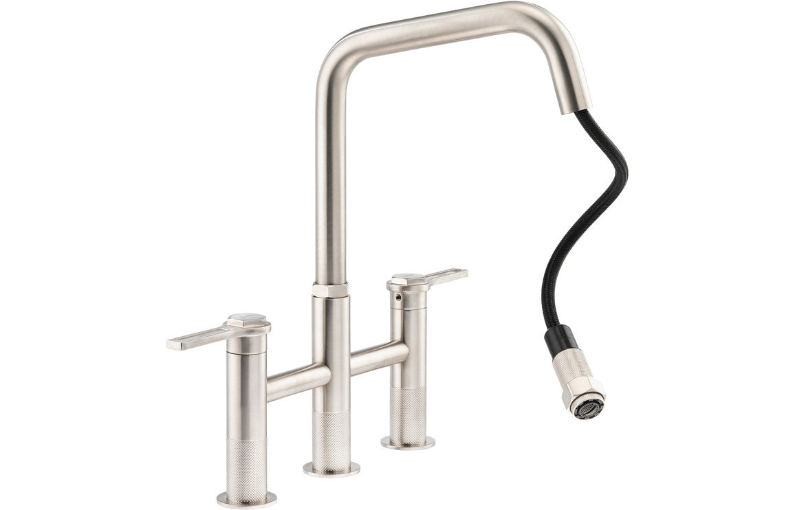 Abode Hex Bridge Dual Lever Mixer Tap w/Pull Out - Brushed Nickel