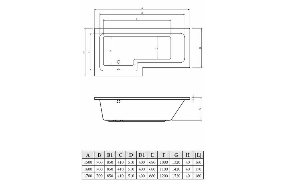 L-Shape 1700x700-850x410mm 0TH Shower Bath  Panel & Screen