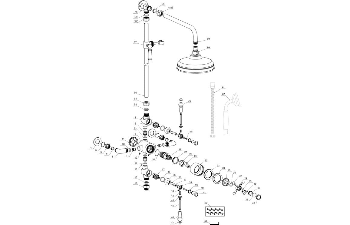 Benavente Traditional Exposed Two Outlet Shower Valve w/Riser Kit & Overhead - Chrome