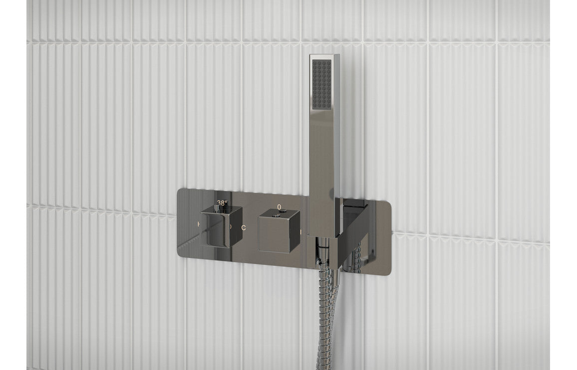 Jumilla Shower Pack Two - Two Outlet Twin Shower Valve w/Handset & Brass Overhead - Chrome