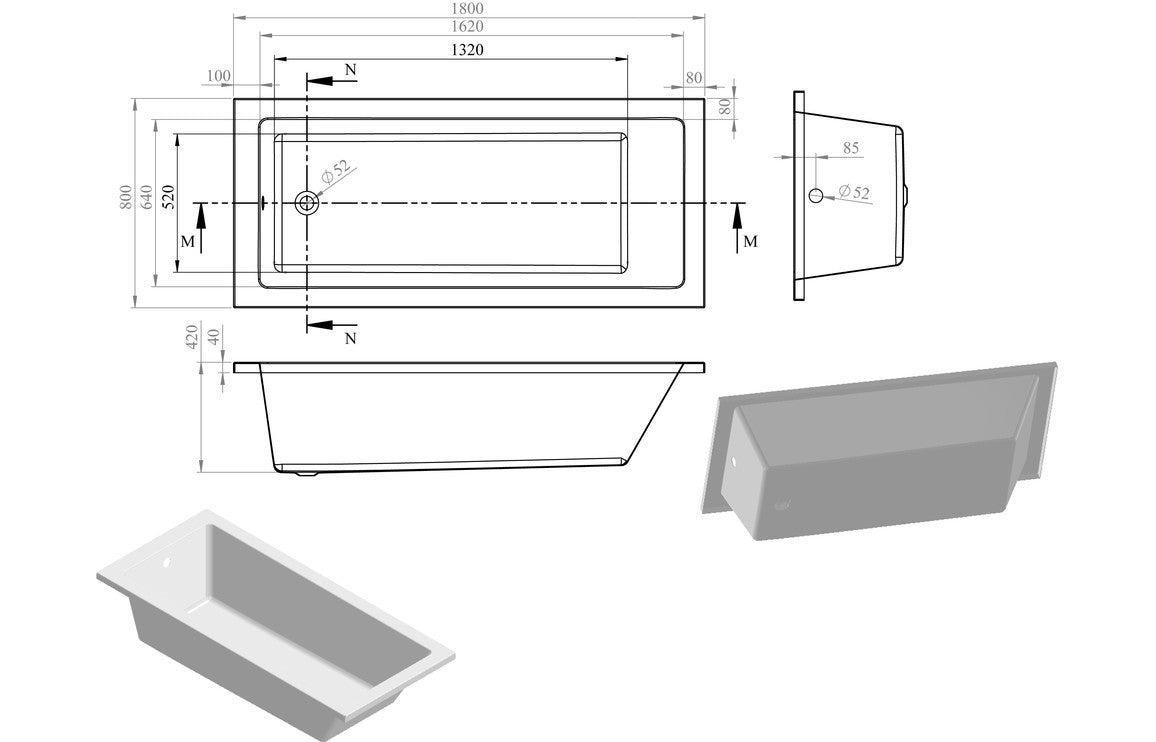 Nava Square Single End 0TH Bath w/Legs (various sizes)