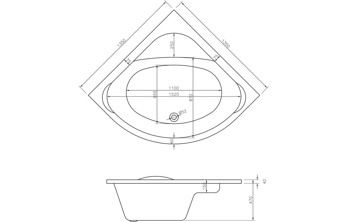 Villena Standard 1350x1350x620mm 0TH Corner Bath w/Legs